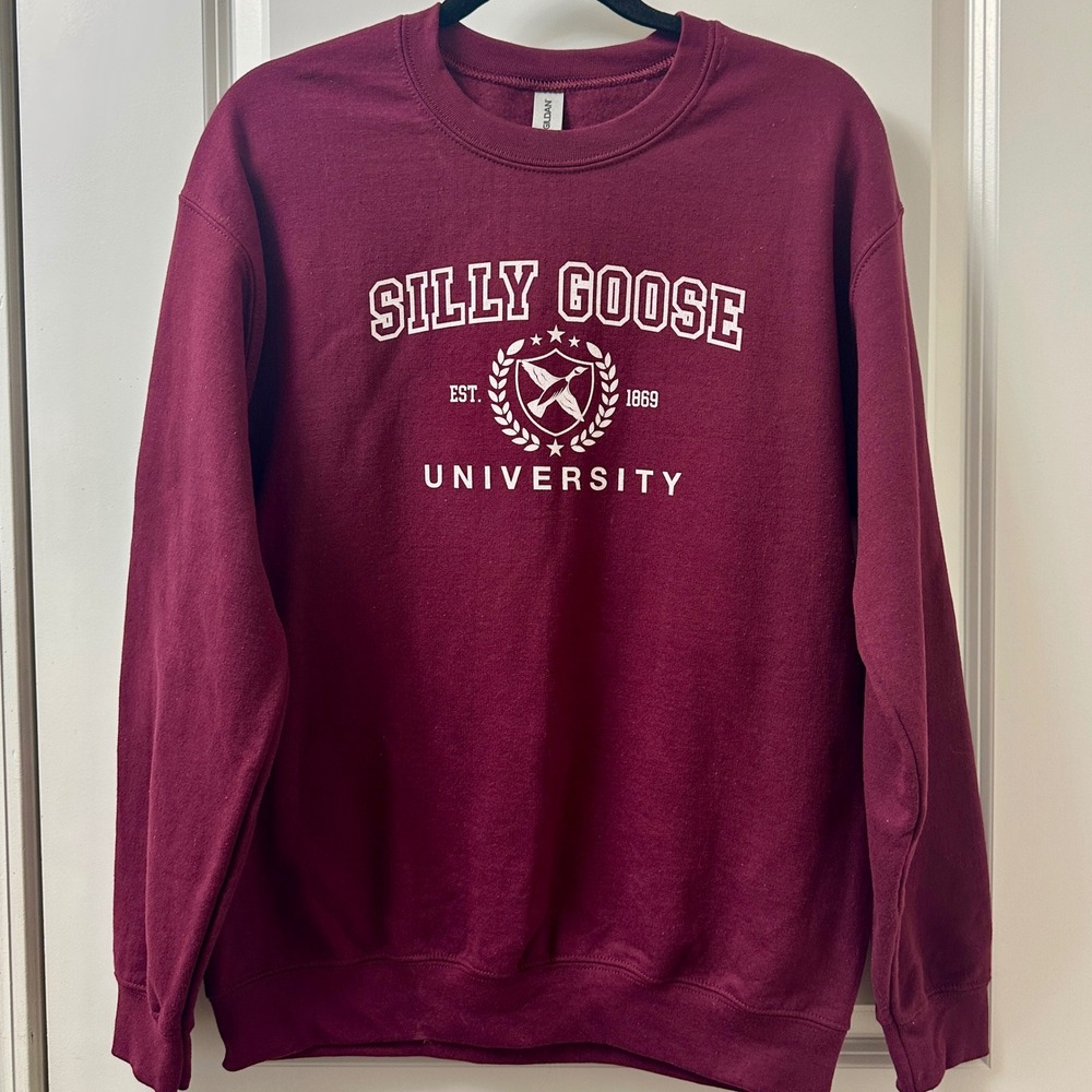 Silly Goose University Gildan Burgundy Sweatshirt College Graphic Pullover